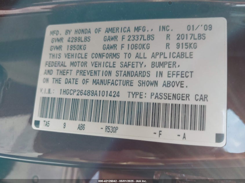 2009 HONDA ACCORD VIN: 1HGCP26489A101424