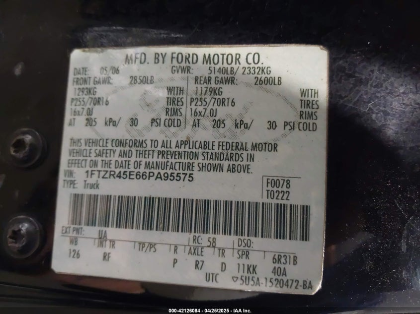 2006 FORD RANGER VIN: 1FTZR45E66PA95575
