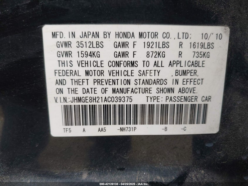 2010 HONDA FIT VIN: JHMGE8H21AC039375