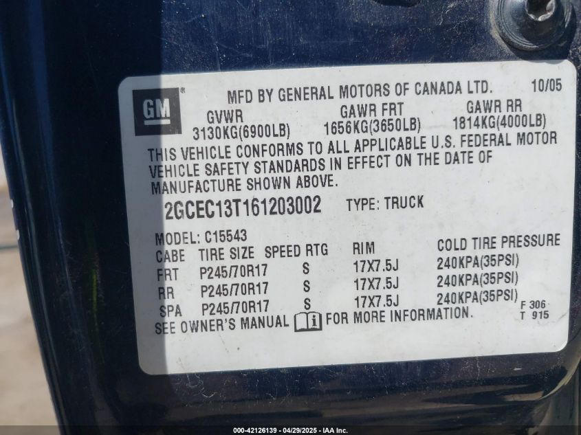 2006 Chevrolet Silverado 1500 Lt1 VIN: 2GCEC13T161203002 Lot: 42126139