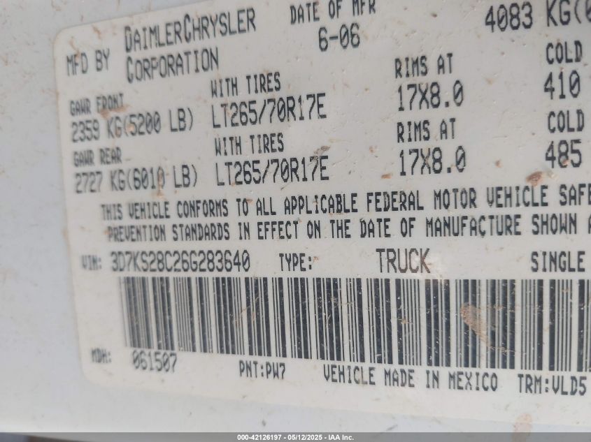 2006 Dodge Ram 2500 Laramie VIN: 3D7KS28C26G283640 Lot: 42126197