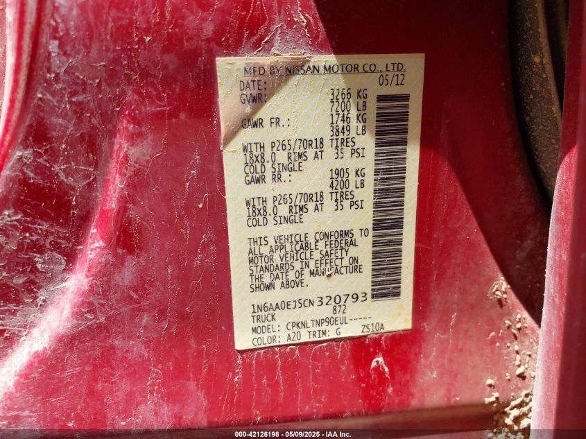 2012 Nissan Titan Sv VIN: 1N6AA0EJ5CN320793 Lot: 42126198