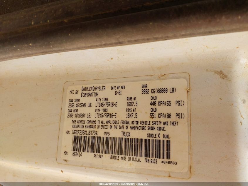 2001 Dodge Ram 2500 St VIN: 1B7KF236X1J617341 Lot: 42126199