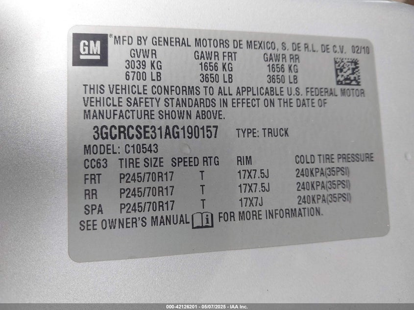 2010 CHEVROLET SILVERADO 1500 VIN: 3GCRCSE31AG190157