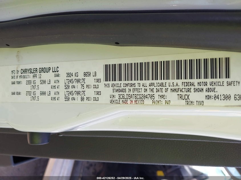 2012 RAM 2500 VIN: 3C6LD5AT6CG204705