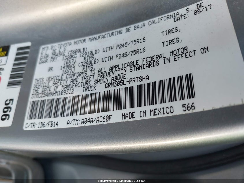 2017 TOYOTA TACOMA VIN: 3TMCZ5ANXHM109312