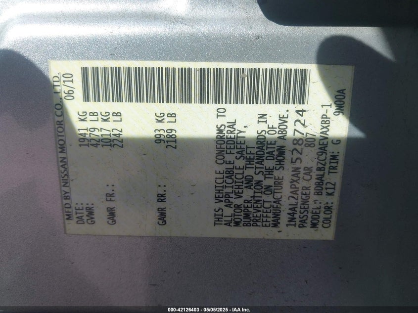 1N4AL2APXAN528724 2010 NISSAN ALTIMA photo no. 9