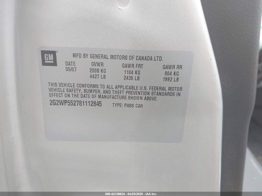 2008 Pontiac Grand Prix VIN: 2G2WP552781112845 Lot: 42126634
