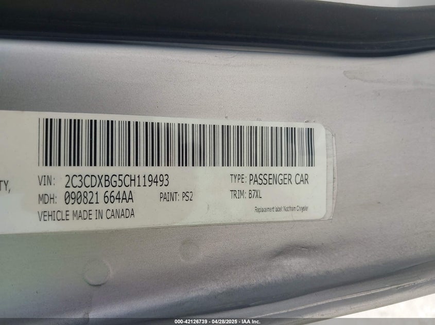 2012 DODGE CHARGER VIN: 2C3CDXBG5CH119493