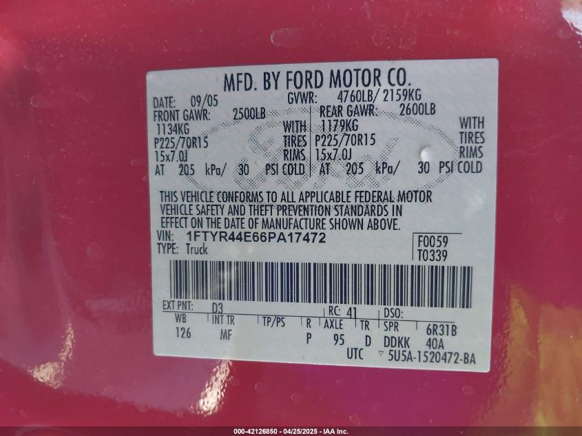 2006 Ford Ranger Sport/Stx/Xlt VIN: 1FTYR44E66PA17472 Lot: 42126850