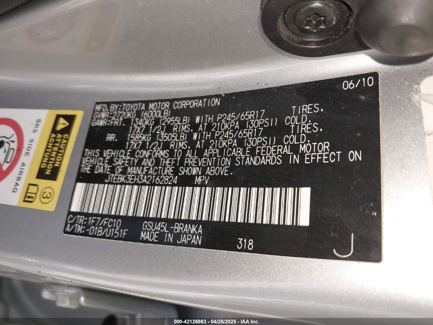 2010 Toyota Highlander Base V6 VIN: JTEBK3EH3A2162824 Lot: 42126863