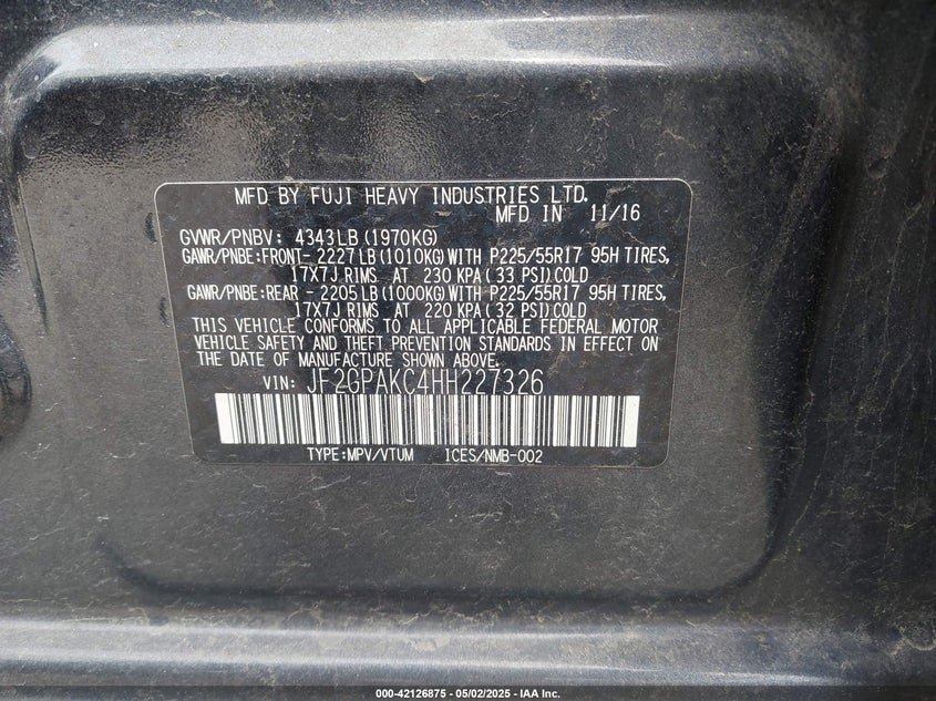 VIN JF2GPAKC4HH227326 2017 SUBARU CROSSTREK 2.0I LIMITED