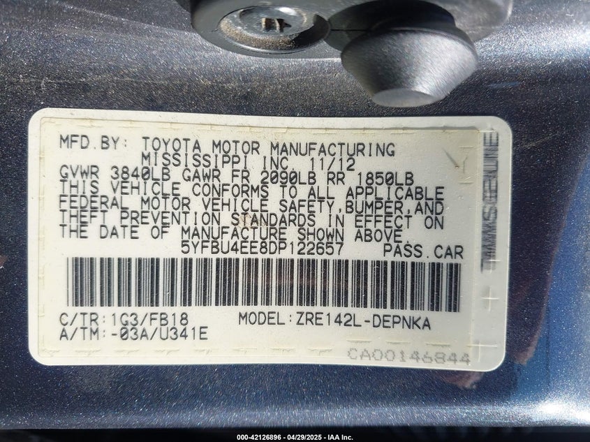 2013 TOYOTA COROLLA VIN: 5YFBU4EE8DP122657