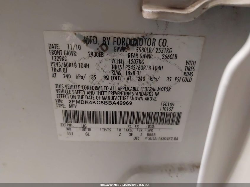 2011 Ford Edge Limited VIN: 2FMDK4KC8BBA49969 Lot: 42126962