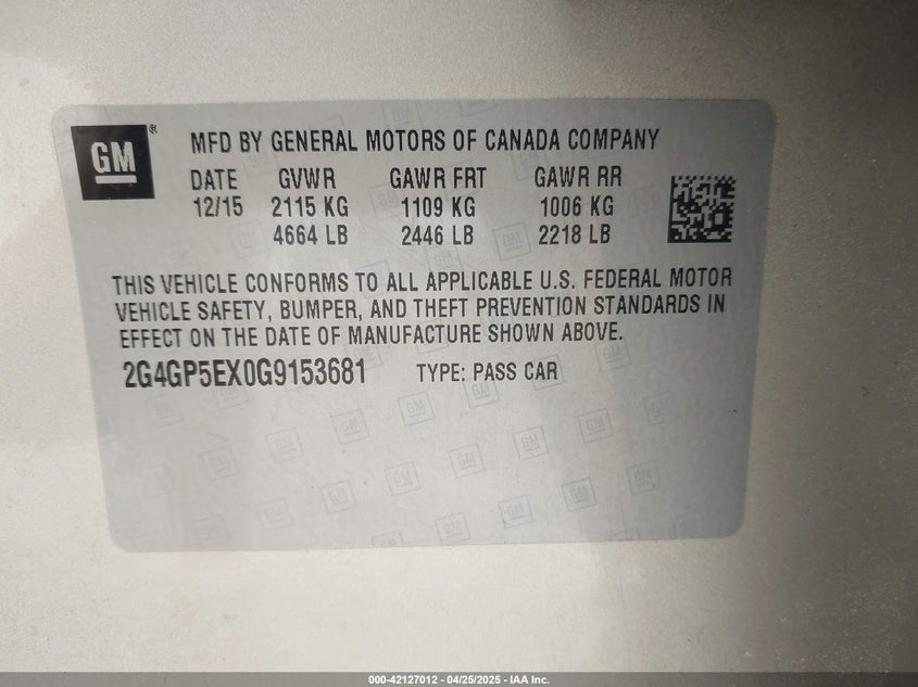 2016 BUICK REGAL VIN: 2G4GP5EX0G9153681