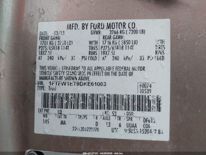 2013 Ford F-150 Xlt VIN: 1FTFW1ET9DKE61063 Lot: 42127101