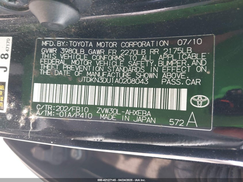 2010 TOYOTA PRIUS VIN: JTDKN3DU1A0208043