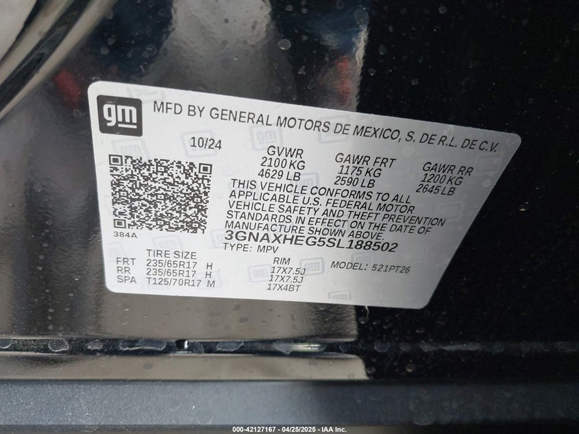 2025 CHEVROLET EQUINOX VIN: 3GNAXHEG5SL188502