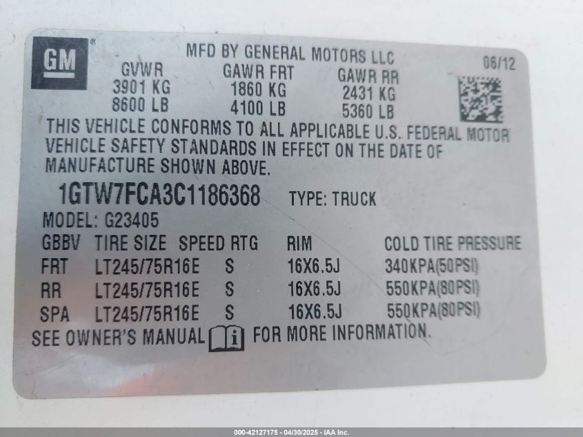 2012 GMC Savana 2500 Work Van VIN: 1GTW7FCA3C1186368 Lot: 42127175