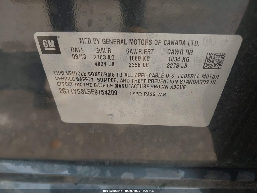 2014 CHEVROLET IMPALA VIN: 2G11Y5SL5E9154209