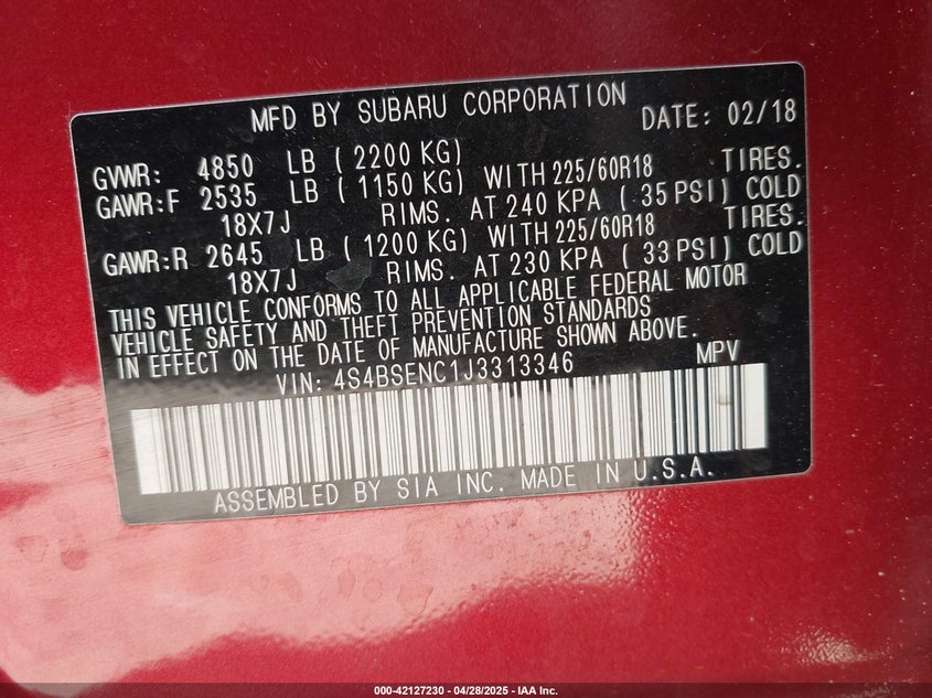 2018 SUBARU OUTBACK 3.6R LIMITED - 4S4BSENC1J3313346