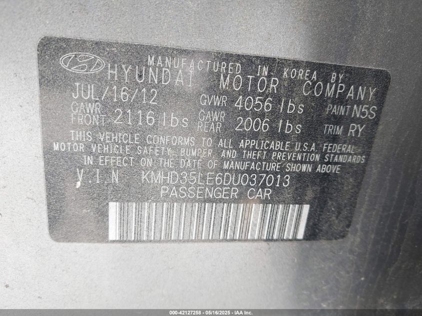 2013 Hyundai Elantra VIN: KMHD35LEGDN037013 Lot: 42127258