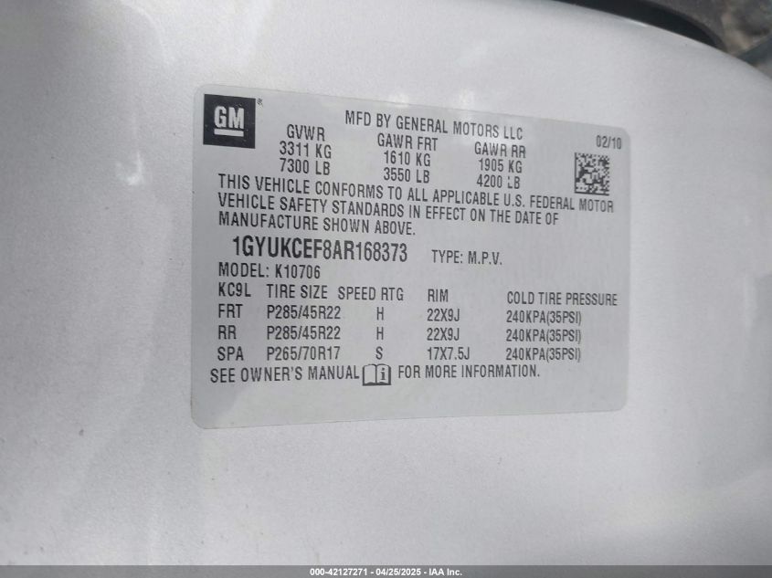 2010 Cadillac Escalade Premium VIN: 1GYUKCEF8AR168373 Lot: 42127271