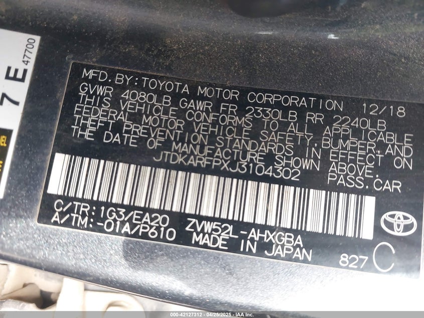 2018 TOYOTA PRIUS PRIME VIN: JTDKARFPXJ3104302