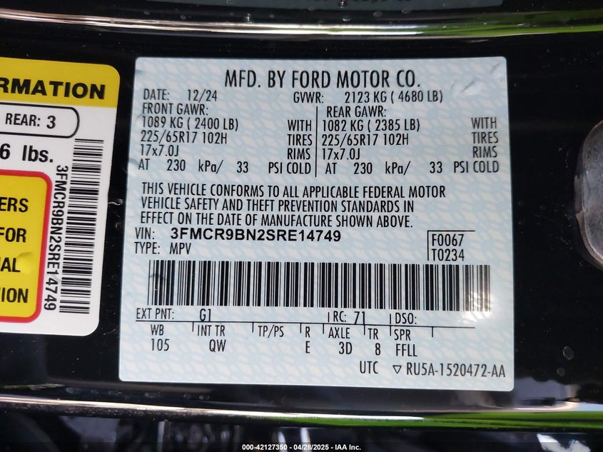 2025 FORD BRONCO SPORT VIN: 3FMCR9BN2SRE14749