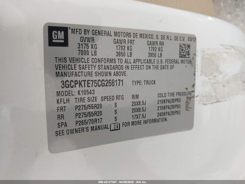 2012 CHEVROLET SILVERADO VIN: 3GCPKTE75CG268171