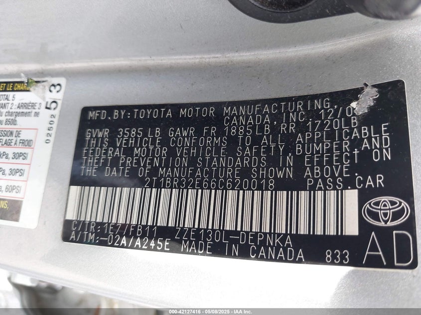 2006 TOYOTA COROLLA VIN: 2T1BR32E66C620018