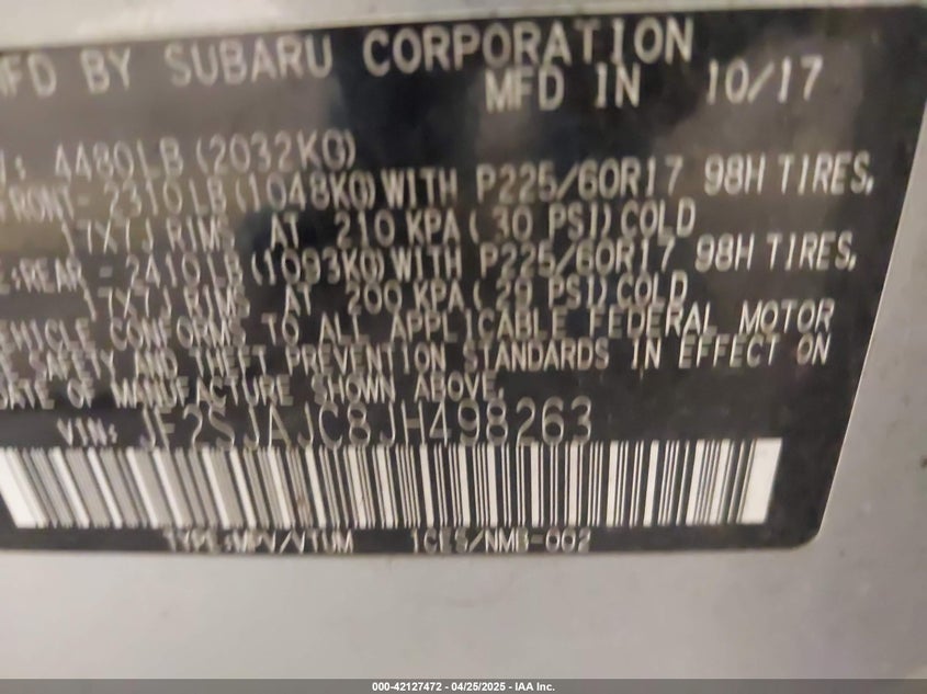 VIN JF2SJAJC8JH498263 2018 SUBARU FORESTER 2.5I LIMITED