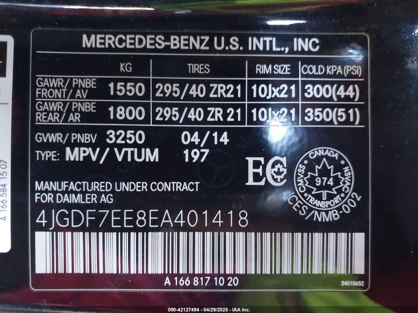 2014 Mercedes-Benz Gl 63 Amg 4Matic VIN: 4JGDF7EE8EA401418 Lot: 42127494