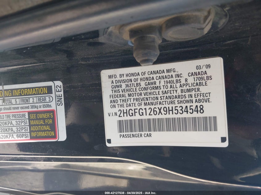 2009 HONDA CIVIC VIN: 2HGFG126X9H534548