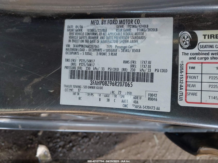 2006 FORD FUSION VIN: 3FAHP08Z96R207065