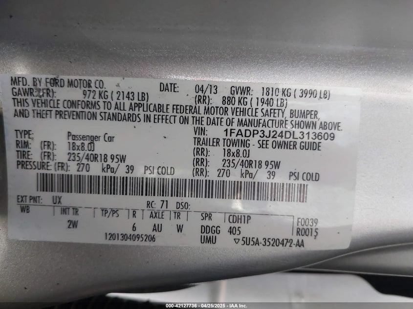 2013 FORD FOCUS VIN: 1FADP3J24DL313609