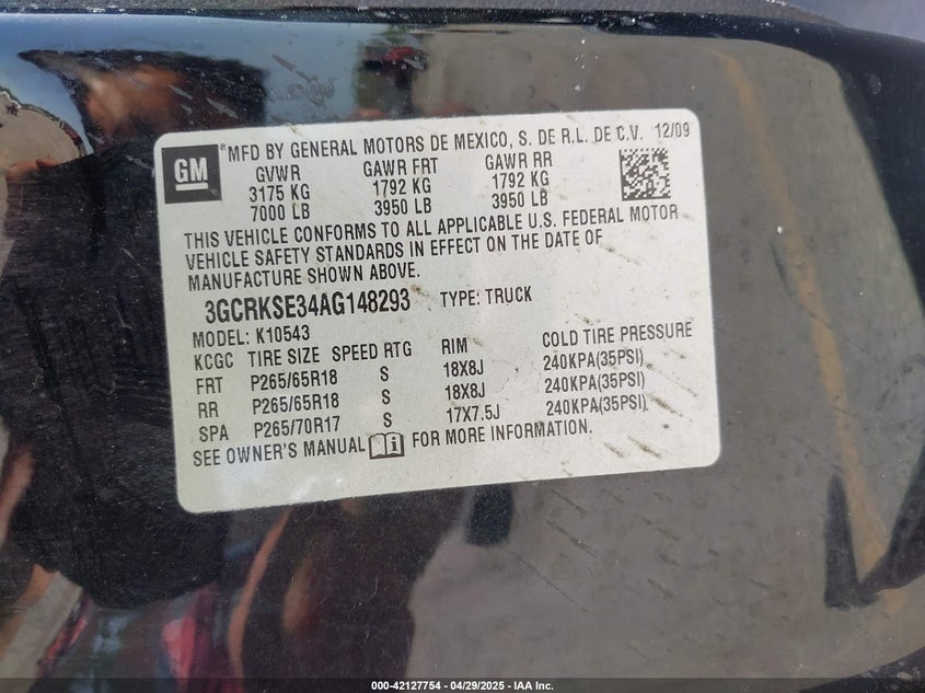 2010 CHEVROLET SILVERADO 1500 VIN: 3GCRKSE34AG148293