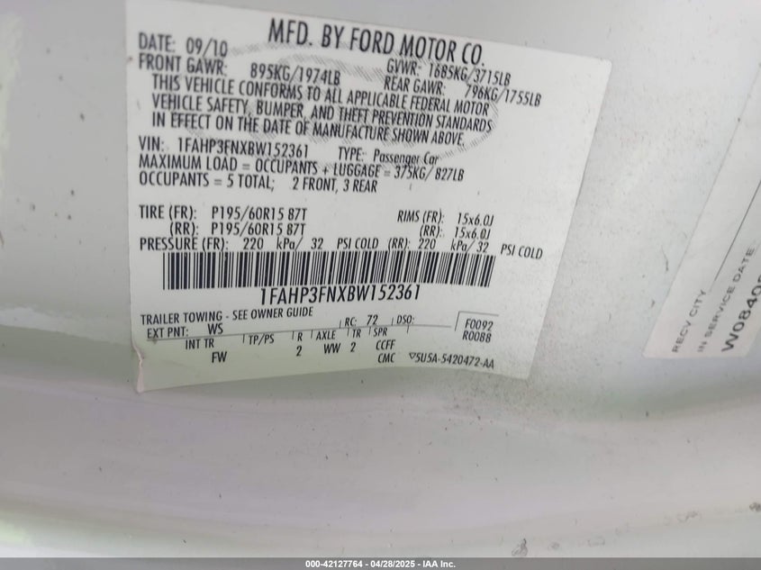 2011 FORD FOCUS VIN: 1FAHP3FNXBW152361