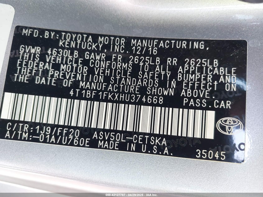 2017 TOYOTA CAMRY VIN: 4T1BF1FKXHU374668
