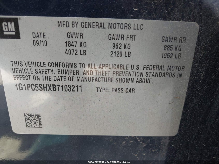 2011 CHEVROLET CRUZE VIN: 1G1PC5SHXB7103211