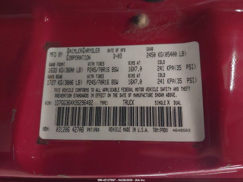 2003 Dodge Dakota Sport VIN: 1D7GG36XX3S296417 Lot: 42127807