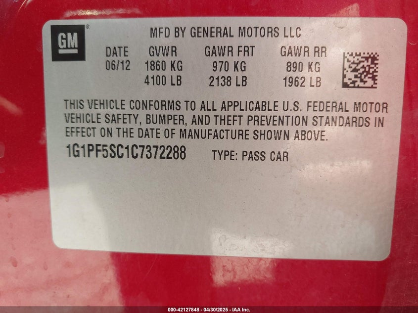 2012 CHEVROLET CRUZE VIN: 1G1PF5SC1C7372288