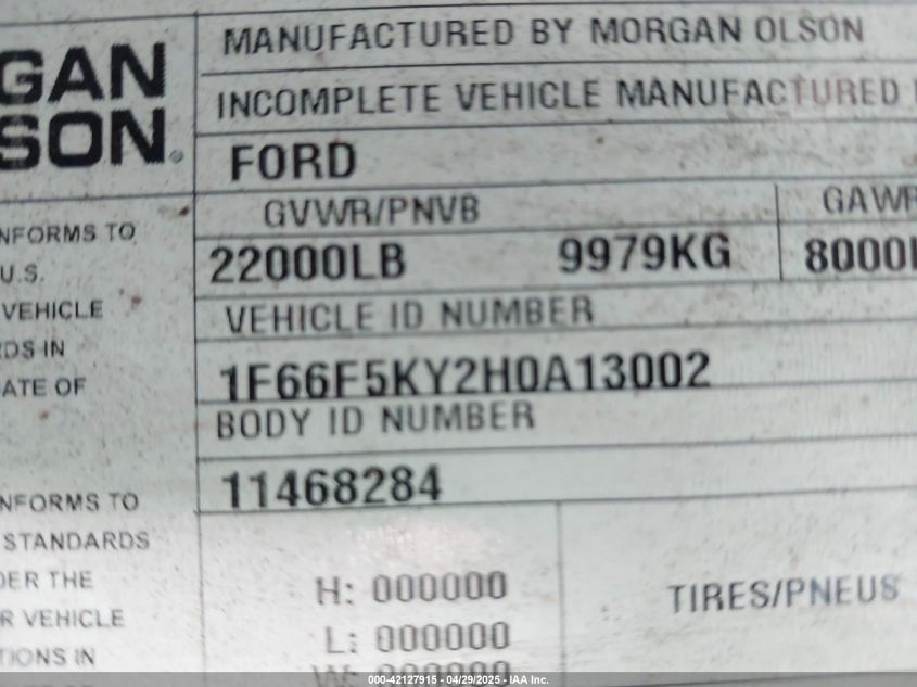 2017 Ford F-59 Commercial Stripped VIN: 1F66F5KY2H0A13002 Lot: 42127915