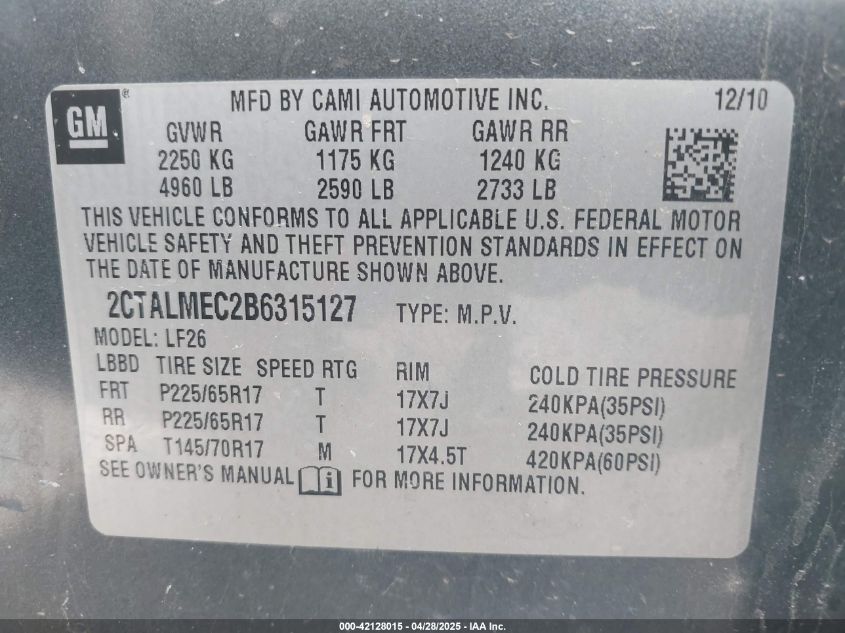 2011 GMC Terrain Sle-1 VIN: 2CTALMEC2B6315127 Lot: 42128015