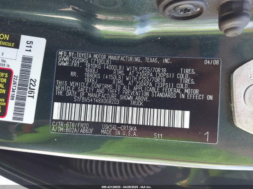 2008 Toyota Tundra Base 5.7L V8 VIN: 5TFBV54148X068203 Lot: 42128020