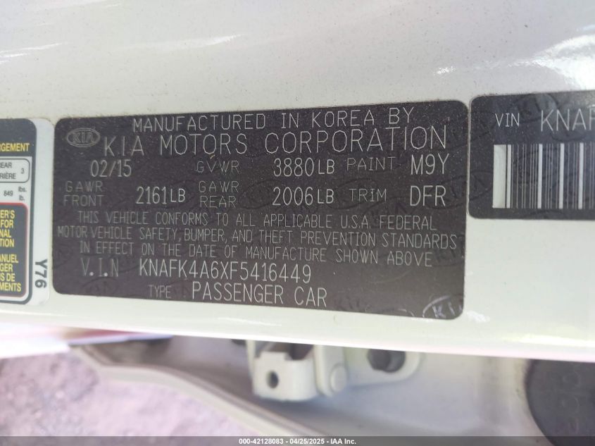 2015 Kia Forte Lx VIN: KNAFK4A6XF5416449 Lot: 42128083