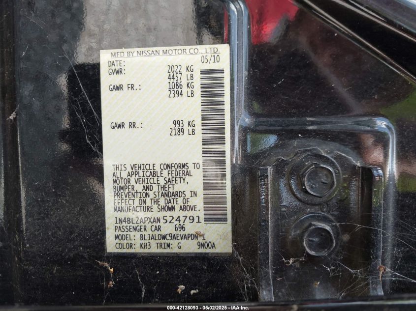 2010 Nissan Altima 3.5 Sr VIN: 1N4BL2APXAN524791 Lot: 43091032