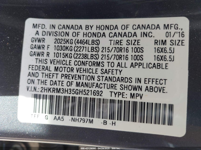 2016 HONDA CR-V VIN: 2HKRM3H35GH521692