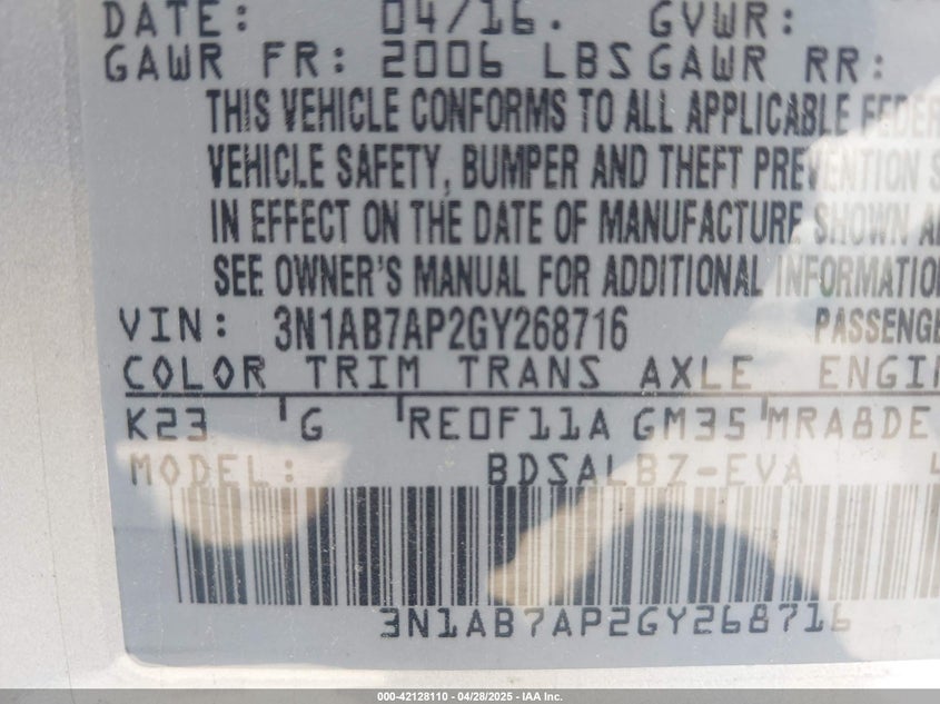 2016 NISSAN SENTRA VIN: 3N1AB7AP2GY268716