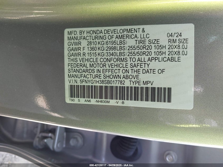 2025 HONDA PILOT VIN: 5FNYG1H38SB017782